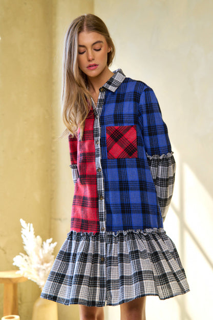 WAIST RUFFLE SKIRT BALLOON LONG SLEEVE SHIRT DRESS: BLACK/WHITE MULTI