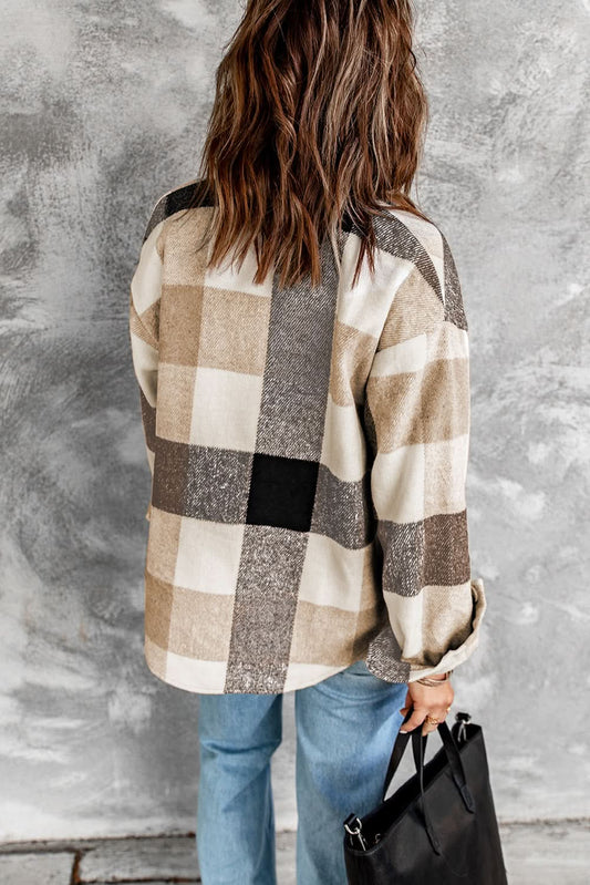 Khaki Plaid Color Block Shacket With Buttoned Pockets