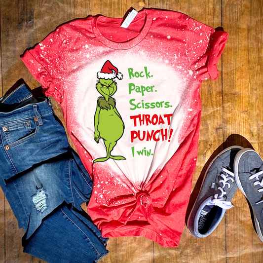 Funny Grinch Christmas Shirt – “Rock Paper Scissors Throat Punch” Bleached Tee | Holiday Humor T-Shirt