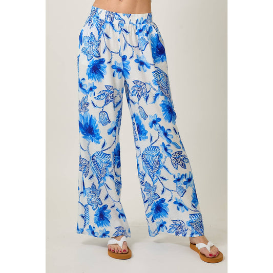 Floral Print Wide Leg Pants With Pockets: BLUE COMBO