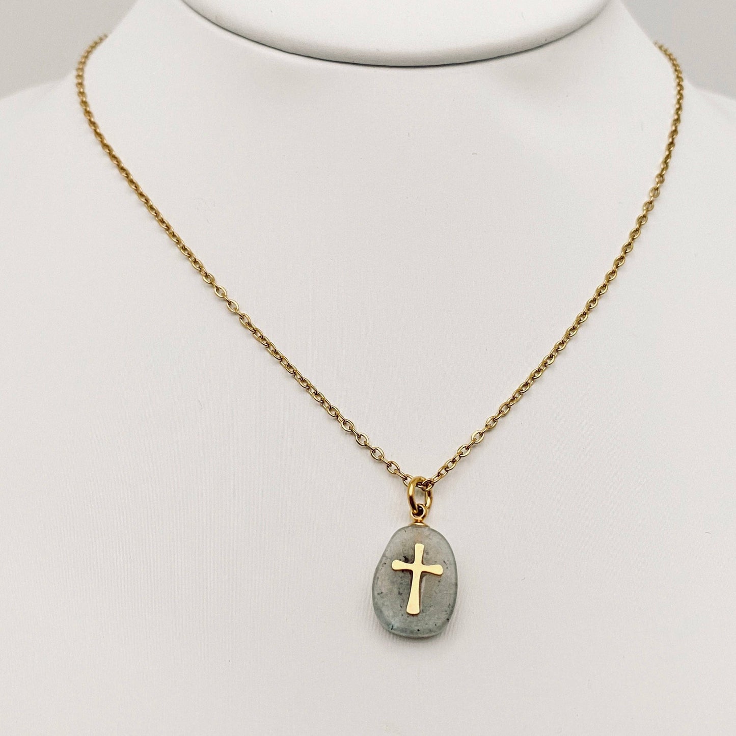 Natural Stone Stainless Steel Cross Pendant Necklace - CS: 1# Purple