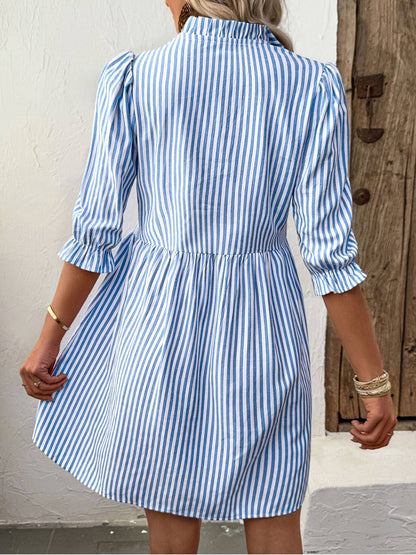 Casual Vertical Striped Shirt Dress: Blue