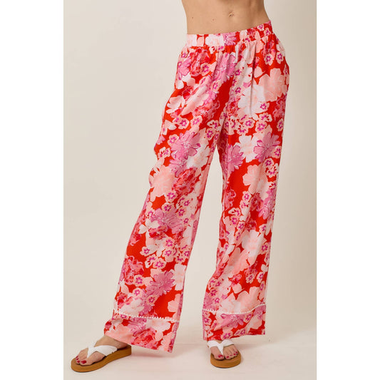 Skylar Rose Sunset Bloom Wide Leg Pants Elastic Waistband: RED COMBO