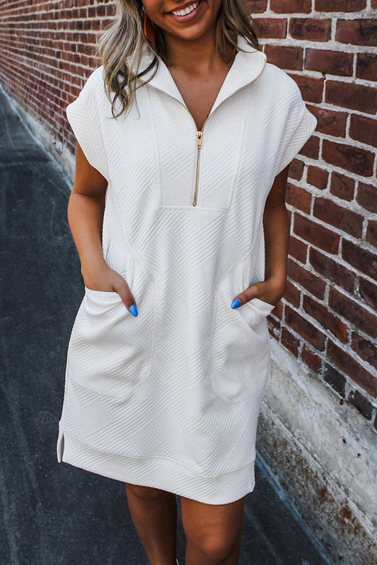 White Textured Half Zip Collared Cap Sleeve Mini Dress: White / 97%Polyester+3%Elastane