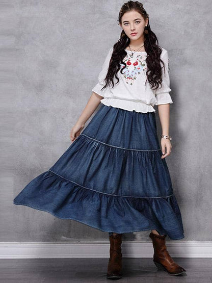 Vintage Splicing Pleated Jean Skirt: DENIM BOHO Flowy Maxi Skirt