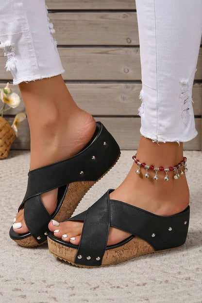 Criss Cross Cut Out PU Leather Wedge Slippers: Black