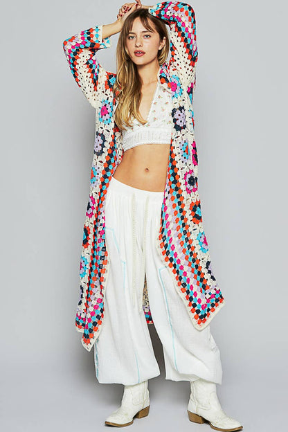 Long sleeve various colors crochet cardigan: BEIGE MULTI / Os