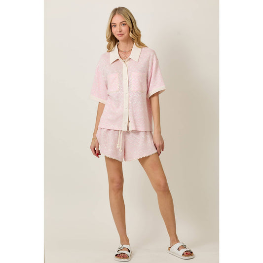 Knit Collar Short Sleeve Set With Contrast Detail: PINK COMBO By Skylar Rose