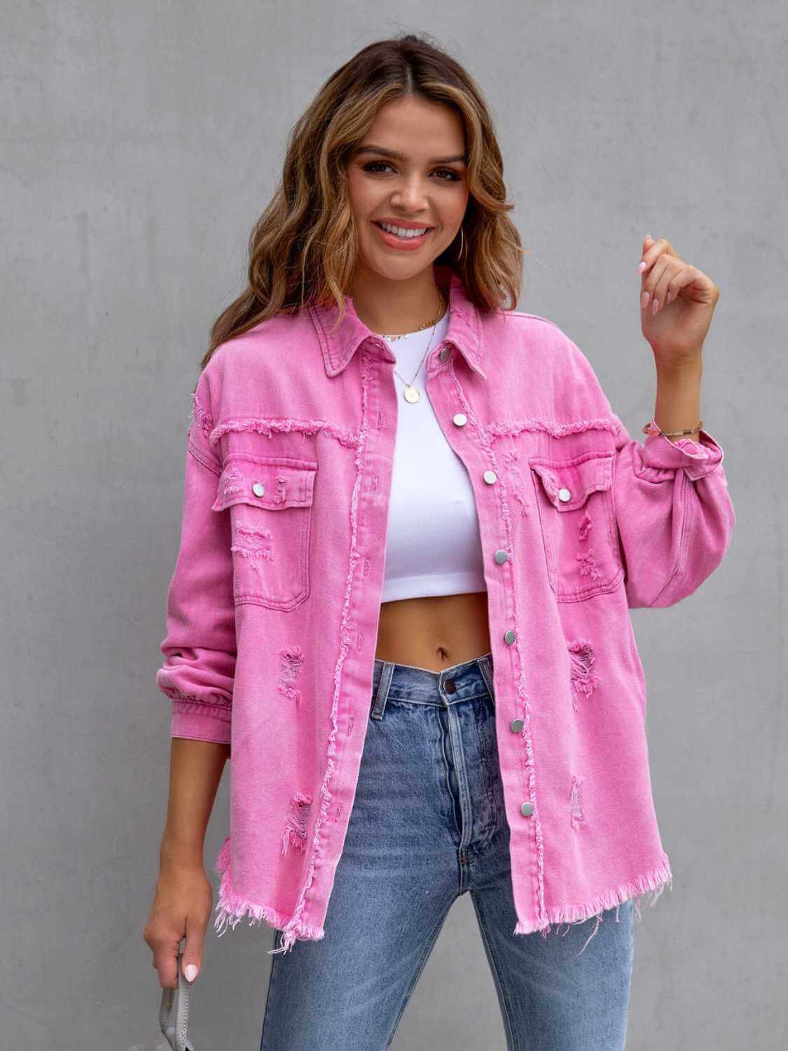 Distressed Drop Shoulder Fringe Denim Jacket Cotton Blend