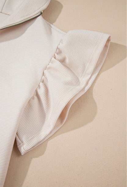 Apricot Textured Ruffle Sleeve Zippered Top Wide Leg Pant Set