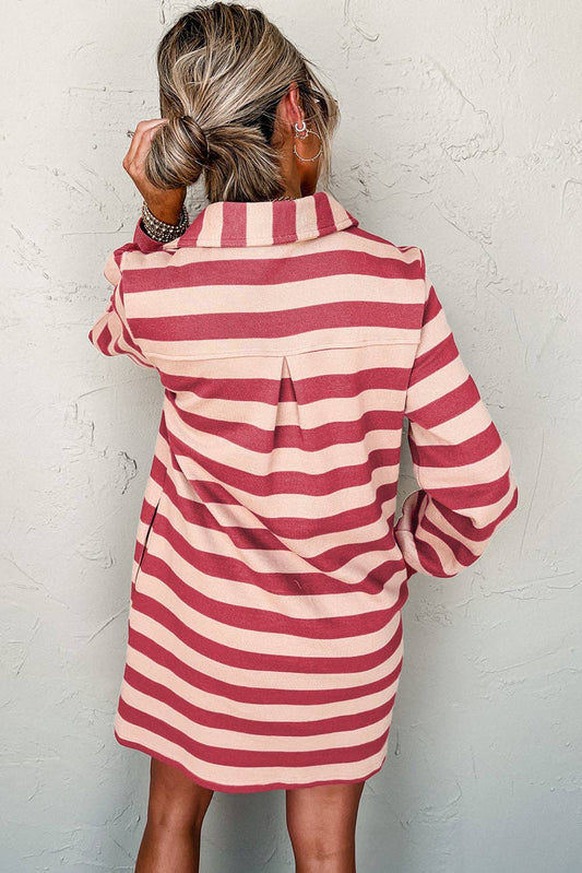 Pink Stripe Collared V Neck Long Sleeve Loose Casual Dress: Pink Stripe / 100%Polyester