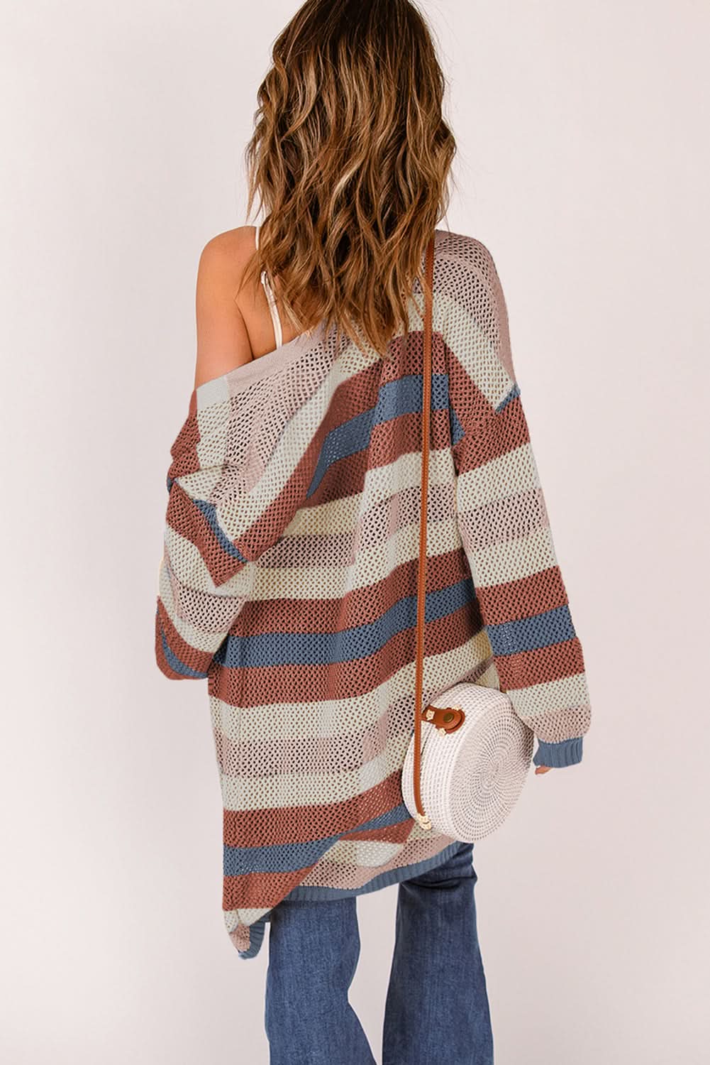 Dark Blue Color Block Striped Cutout Knit Cardigan