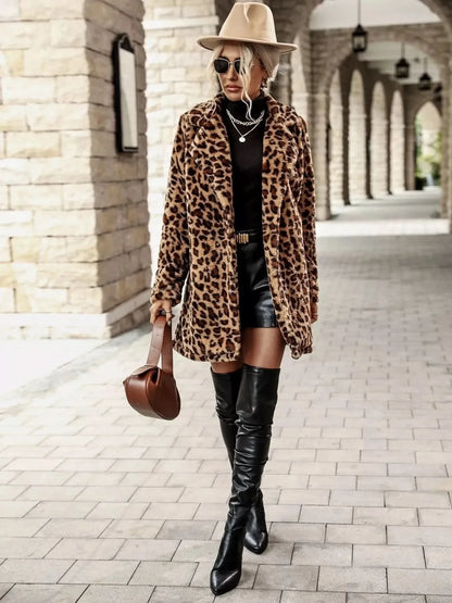 Leopard Print Faux Fur Longline Coat With Pockets Polyester