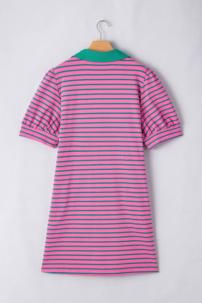 Plus Size Stripe V Neck Puff Sleeve Collared Shirt Dress: Pink / Plus Size