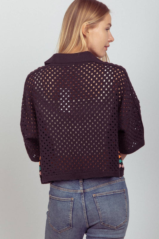 Relaxed Fit Multi Color Crochet Knit Top: Black