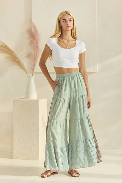 Acid Washed Tired Palazzo Pants: Washed Sage