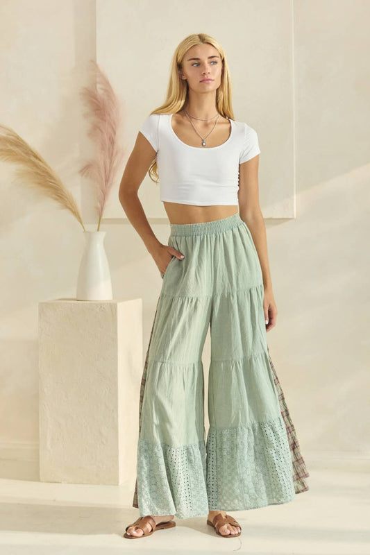 Acid Washed Tired Palazzo Pants: Washed Sage