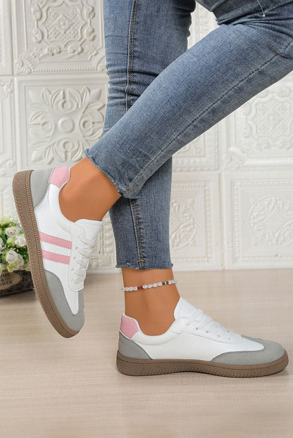 Pink Striped Patchwork Lace Up Sneakers PU Leather