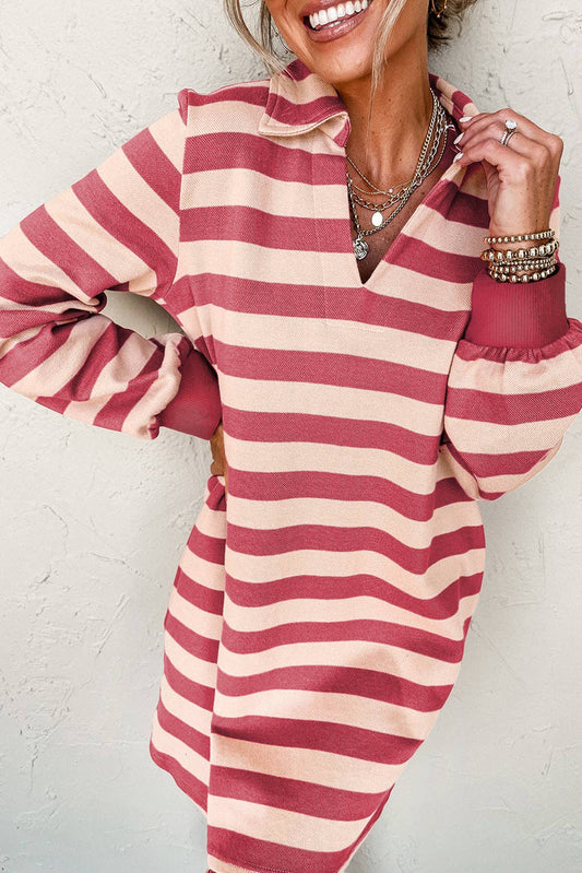 Pink Stripe Collared V Neck Long Sleeve Loose Casual Dress: Pink Stripe / 100%Polyester