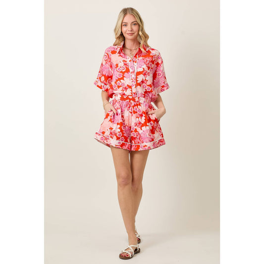 Summer Floral Short Sleeve Top & Shorts Set: RED COMBO