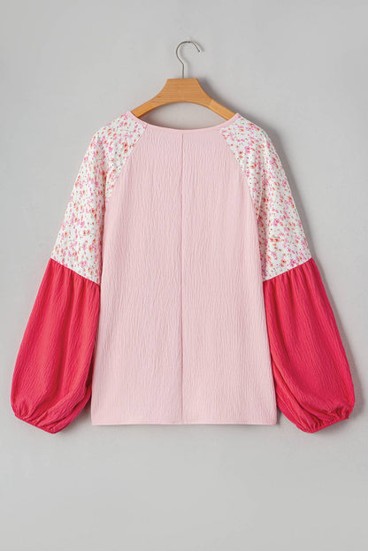 Plus Size Contrast Floral Patchwork Long Sleeve Blouse: Pink / Plus Size