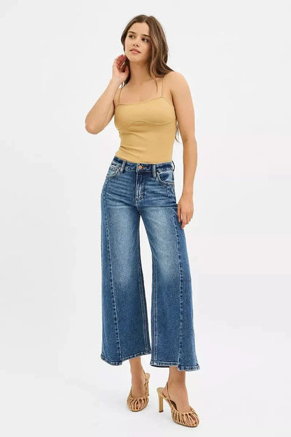 Risen High Rise Crop Wide Leg Jeans With Cropped Step Hem
