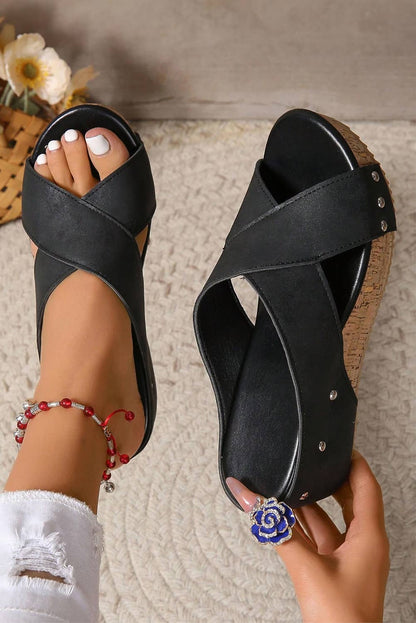 Criss Cross Cut Out PU Leather Wedge Slippers: Black