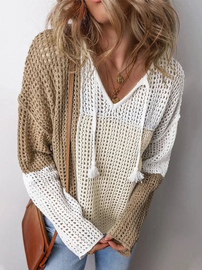 Openwork Tassel Color Block Sweater