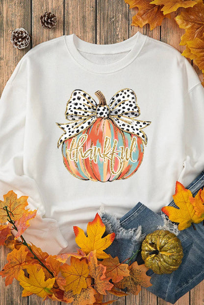 Beige Polka Dot Bow Knot Pumpkin Print Thanksgiving Sweatshirt: Beige / 50%Polyester+50%Cotton