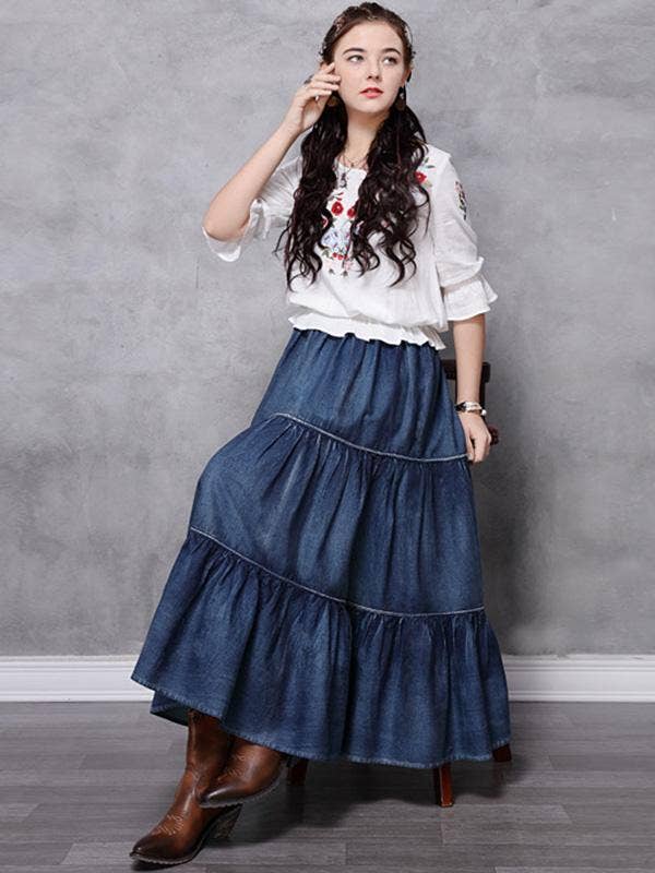 Vintage Splicing Pleated Jean Skirt: DENIM BOHO Flowy Maxi Skirt