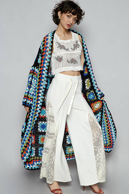 Long sleeve various colors crochet cardigan: BEIGE MULTI / Os