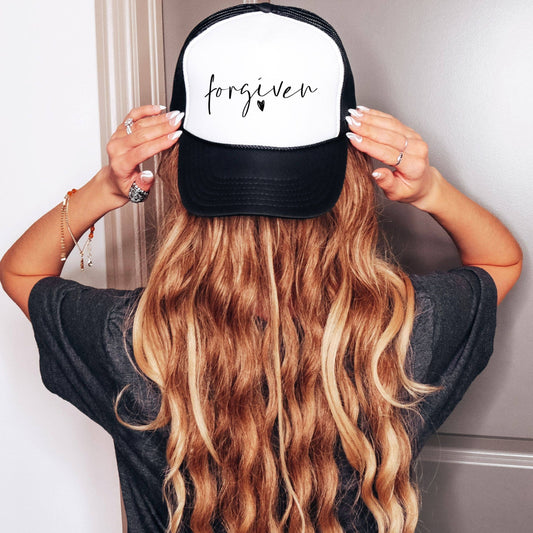 Forgiven Trucker Hat - Summer Western Trucker Hat: Pink and White or Black and White  Hat