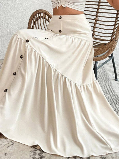 Loose Buttoned Pleated Split-Joint Skirts Bottoms: APRICOT