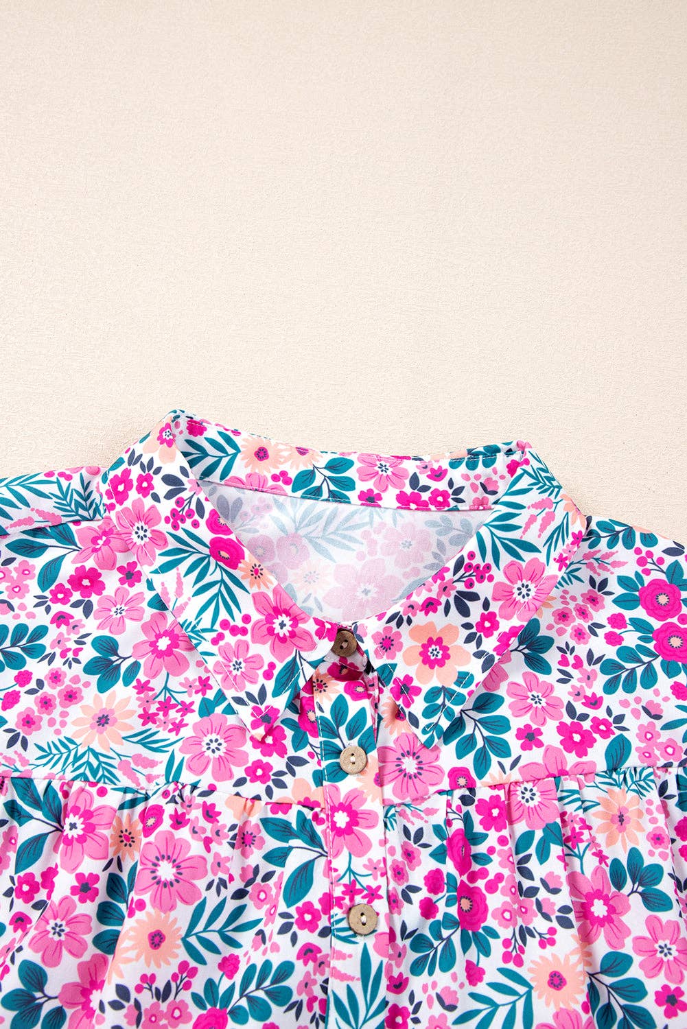 Pink Plus Size Floral Half Button Short Puff Sleeve A-line Dress: Pink / 100%Polyester