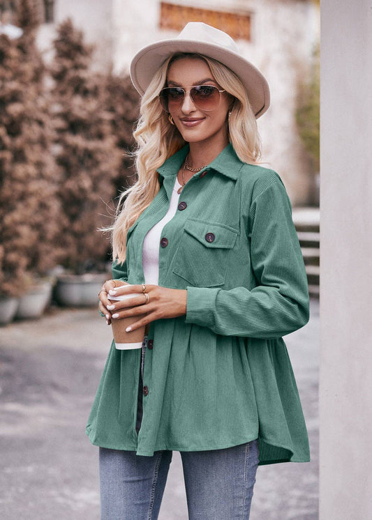 Casual Doll Shirts Babydoll Corduroy Shirts: Green / 100%Polyeser / L