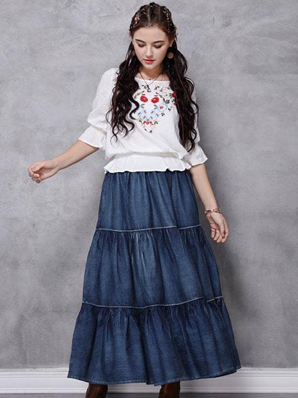 Vintage Splicing Pleated Jean Skirt: DENIM BOHO Flowy Maxi Skirt