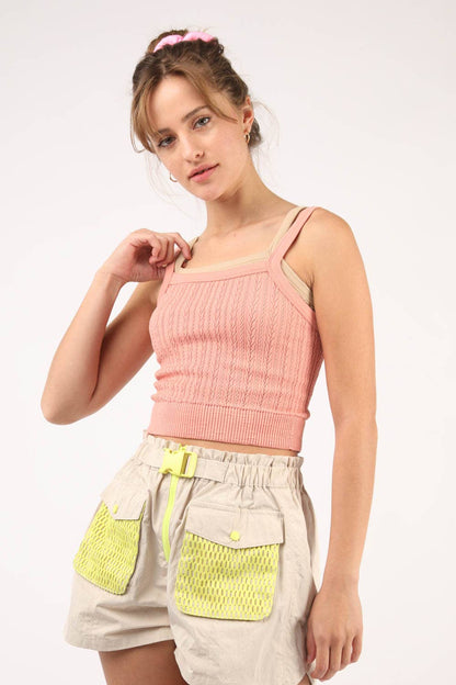 NT11608-Cable Ribbed Fitted Crop Knit Tank Top: BLUSH / S.M/M.L-3/3