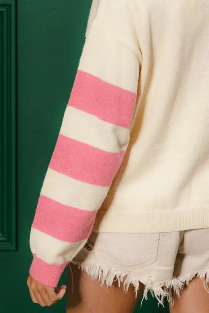 BiBi Colorful Floral Patched Sweater With Striped Sleeves