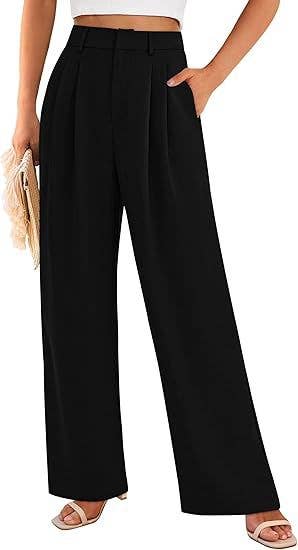 High Waist Wide Leg Trousers with Pockets: Black / 85%Rayon + 15%Linen