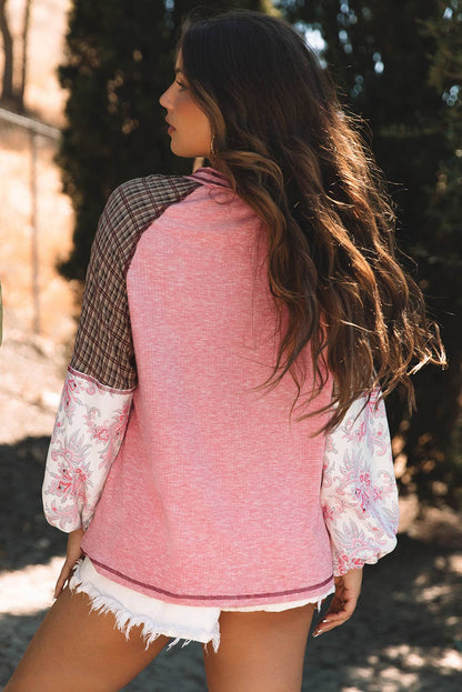 Plaid & Floral Print Ribbed Knit Top | S-2XL: As shown / Missy