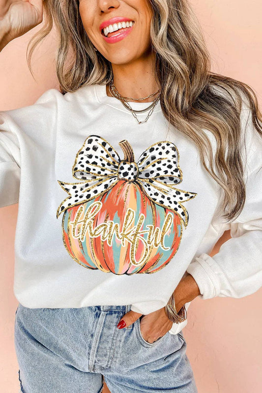 Beige Polka Dot Bow Knot Pumpkin Print Thanksgiving Sweatshirt: Beige / 50%Polyester+50%Cotton