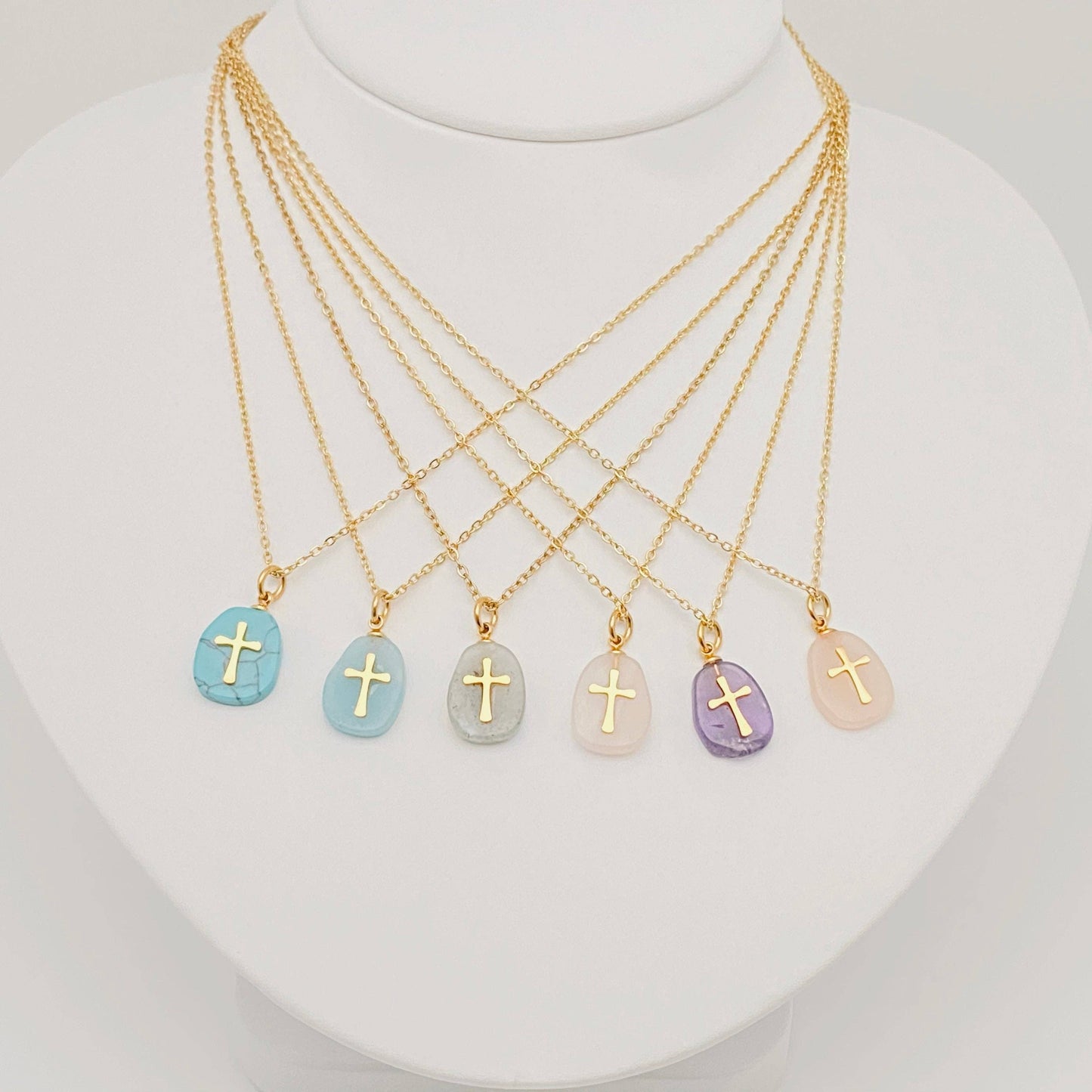 Natural Stone Stainless Steel Cross Pendant Necklace - CS: 1# Purple