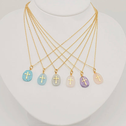 Natural Stone Stainless Steel Cross Pendant Necklace - CS: 3# White