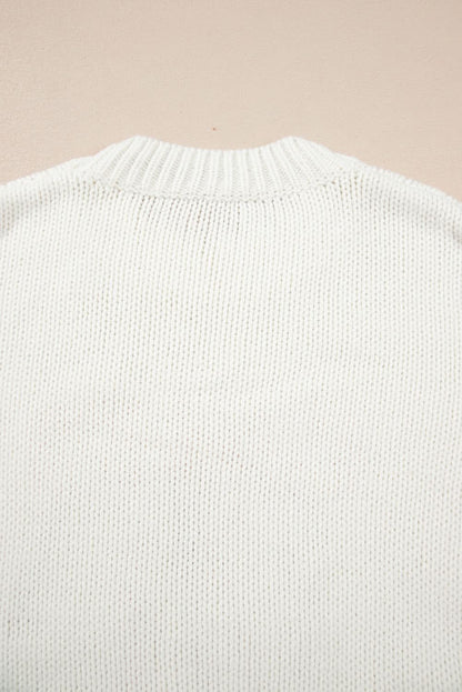 White Embroidered Bow Graphic Drop Shoulder Sweater