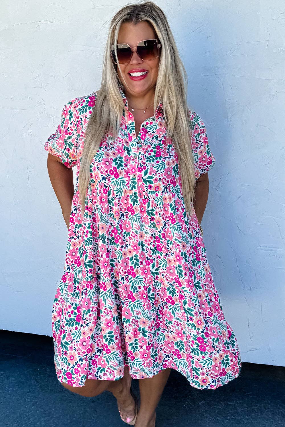 Pink Plus Size Floral Half Button Short Puff Sleeve A-line Dress: Pink / 100%Polyester