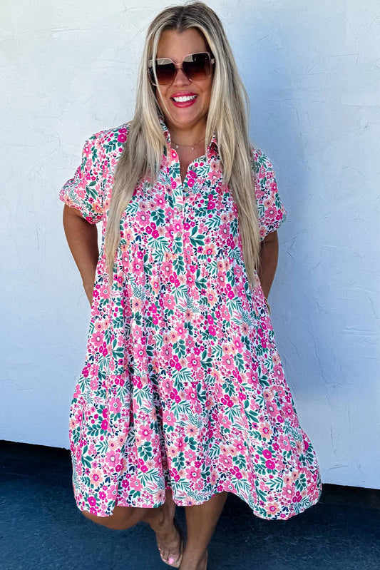 Pink Plus Size Floral Half Button Short Puff Sleeve A-line Dress: Pink / 100%Polyester