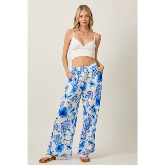 Floral Print Wide Leg Pants With Pockets: BLUE COMBO