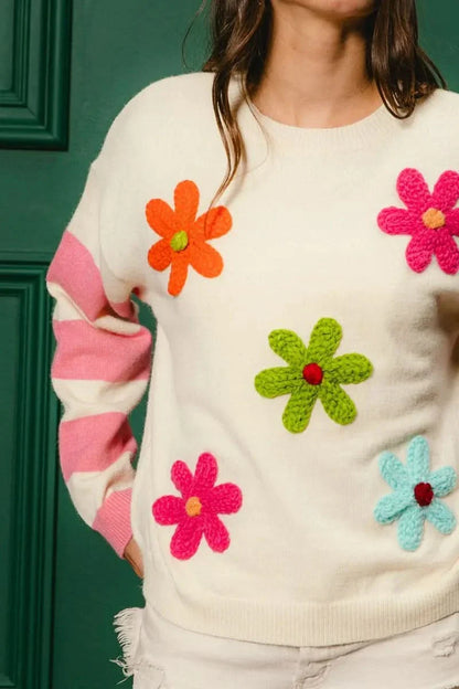 BiBi Colorful Floral Patched Sweater With Striped Sleeves