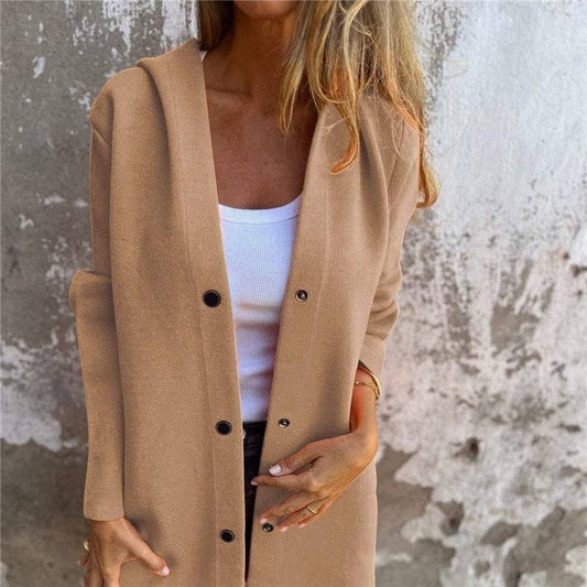 Solid Color Casual Single-Breasted Hooded Knit Jacket: Light Brown
