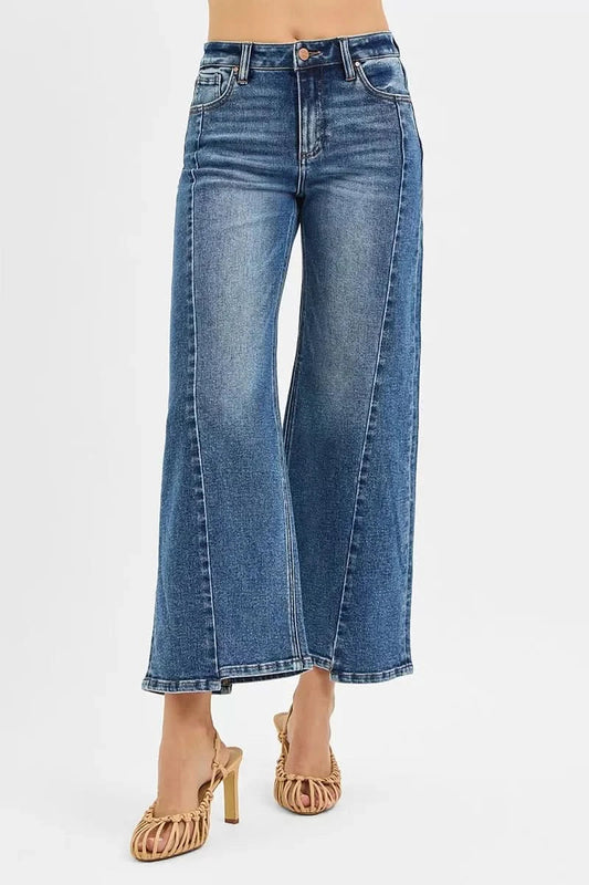 Risen High Rise Crop Wide Leg Jeans With Cropped Step Hem